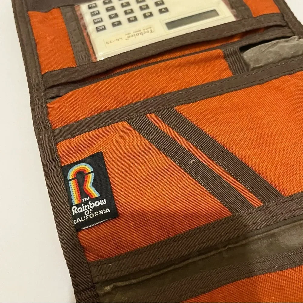 Vintage Rainbow Orange Rust Tri Fold Nylon Wallet w Calculator Hook Loop Closure
